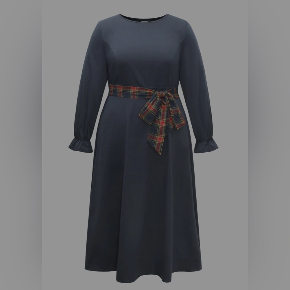 Bloomchic plaid belted cinched waist, long sleeve elastic ruffle wrist dress - Picture 2 of 11